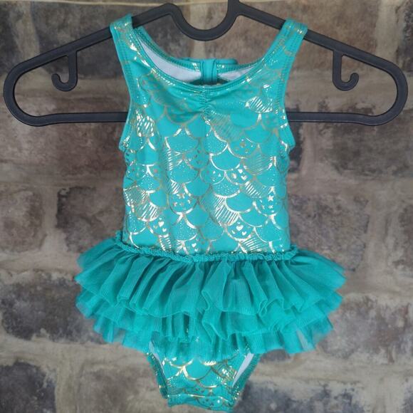 Cat & Jack Tutu Green Gold Swimsuit‎ Girl's Size 18M One Piece Mermaid Summer - Picture 2 of 13
